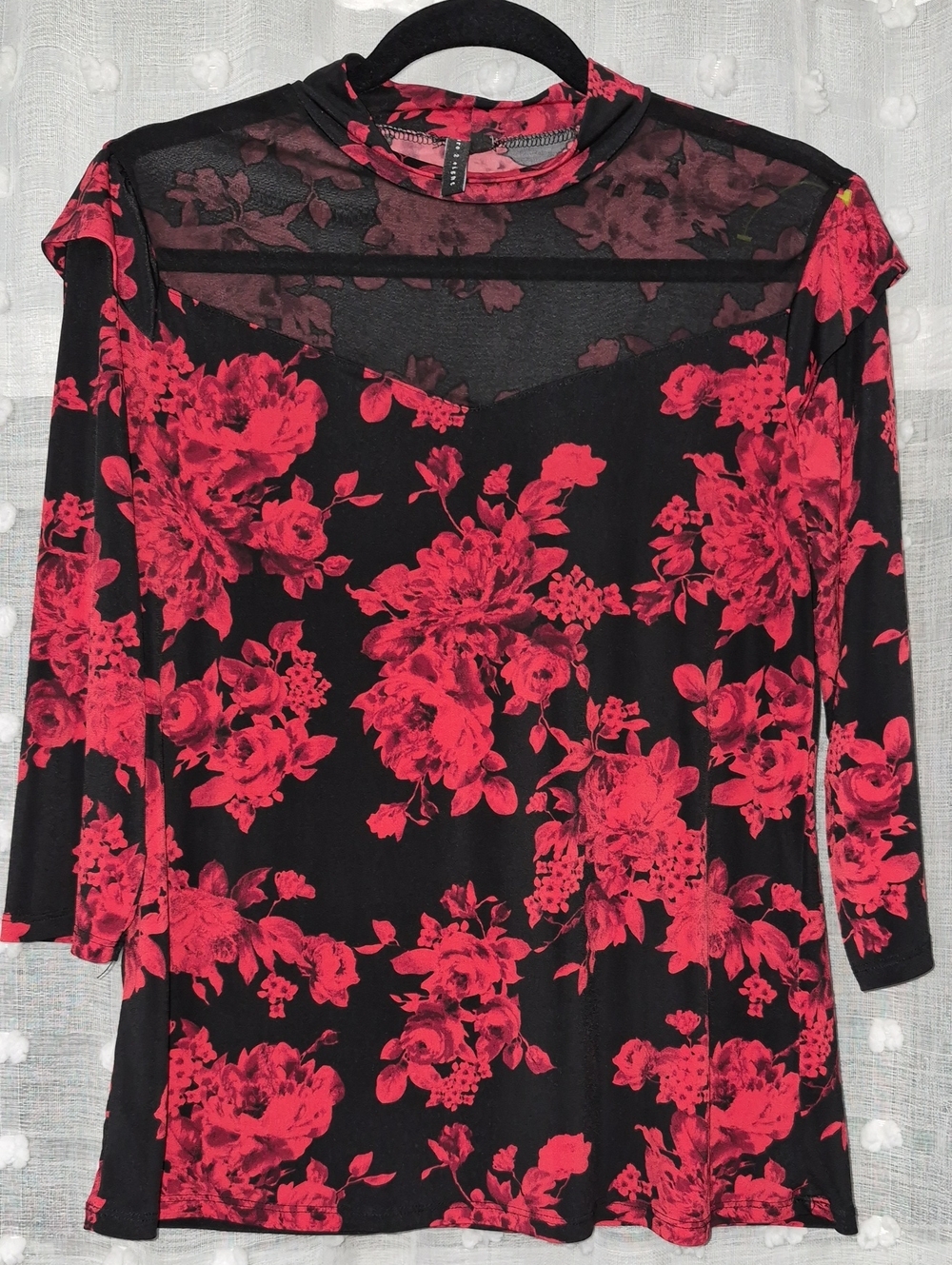 Black & Red Floral Long-Sleeve Mesh Yoke Top